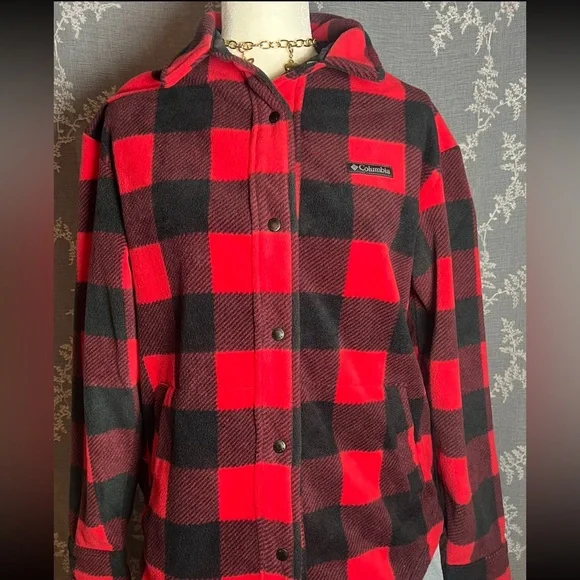 Columbia Red Black Buffalo Plaid Fleece Jacket Button Front Cozy Cabin Core - Picture 2 of 10